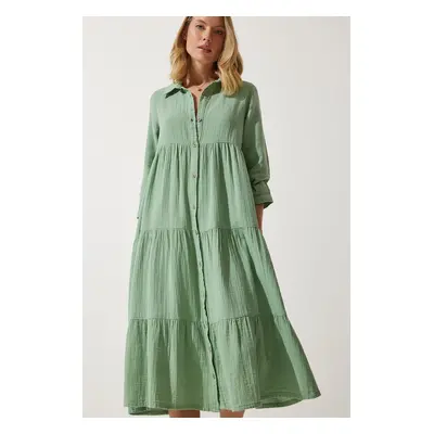 Happiness İstanbul Women's Green Muslin Flared Shirt Dress