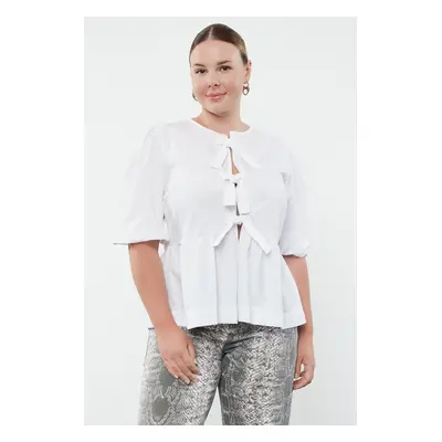 Trendyol Curve White Women's Bow/Lace Woven Plus Size Blouse