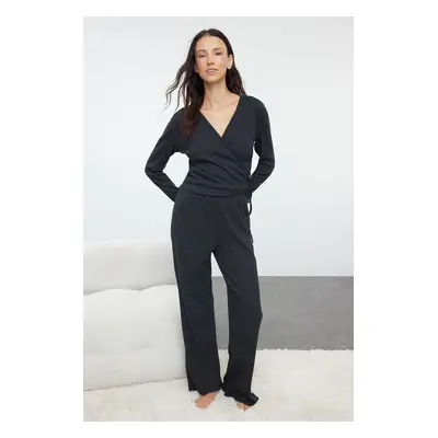 Trendyol Anthracite Melange Tie Detailed Ribbed Knitted Pajama Set