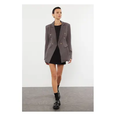 Trendyol Gray Button Detailed Lined Fitted Waist Patterned Woven Blazer Jacket