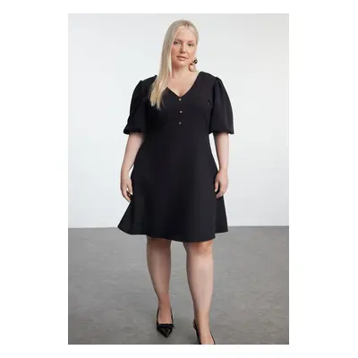 Trendyol Curve Black V-Neck Balloon Sleeve Mini A-Line Woven Plus Size Dress