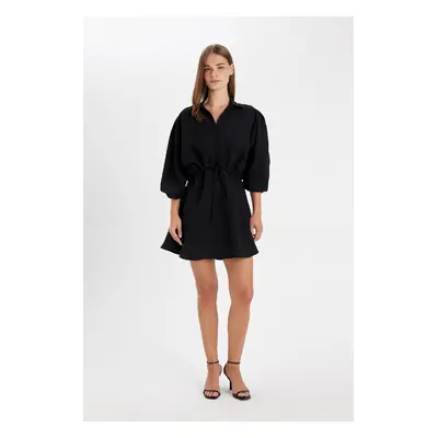 DEFACTO Shirt Collar Pleated Waist Lace Up Basic Plain Modal Batwing Sleeve Mini Black Dress