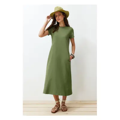 Trendyol Khaki Pocket Premium Crew Neck A-Line Knitted Midi Dress