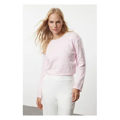 Trendyol Powder Soft Texture Crop Stone Embroidered Knitwear Sweater