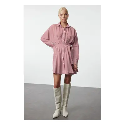 Trendyol Burgundy Belted Striped Mini Woven Shirt Dress