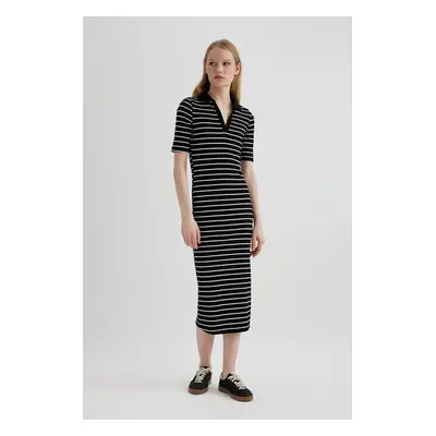 DEFACTO Bodycon Fitted Polo Neck Striped Ribbed Camisole Short Sleeve Midi Dress