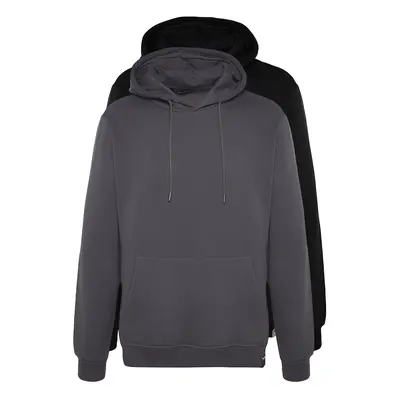 Trendyol Black-Grey 2-Pack Regular/Normal Cut Hooded Fleece/Warm Sweatshirt