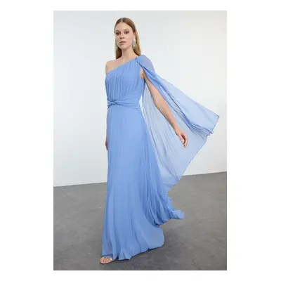 Trendyol Blue A-Cut Pleated Long Evening Dress