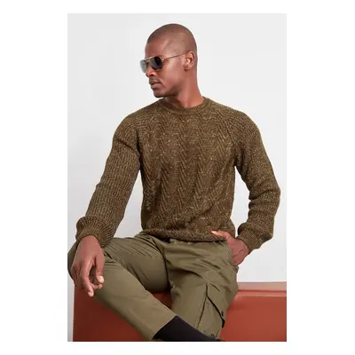 Trendyol Khaki Slim Cotton Crew Neck Flecked Knitwear Sweater