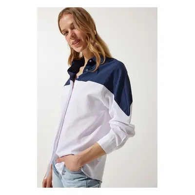 Happiness İstanbul Women's Navy Blue White Block Color Boyfriend Shirt