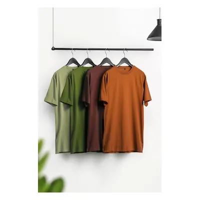 Trendyol Brown-Khaki-Orange-Light Green Slim/Slim Cut 4-Pack Basic 100% Cotton T-Shirt