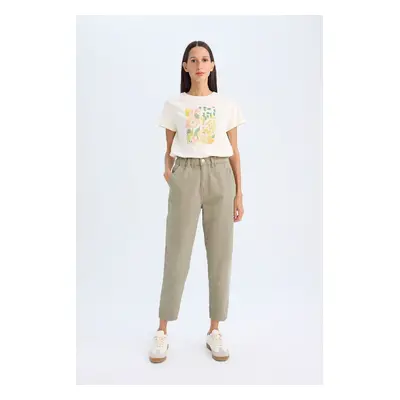 DEFACTO Paperbag Gabardine Trousers High Waist Pocket Basic Straight Standard Leg