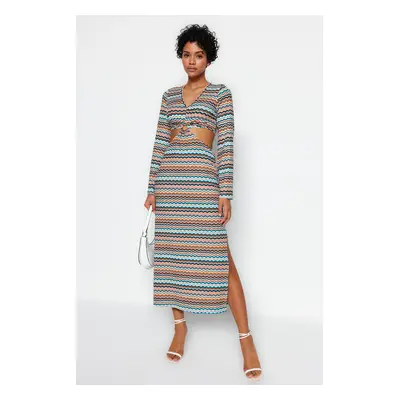 Trendyol Multi Color Cut Out Detail Printed Stretch Midi Knitted Dress