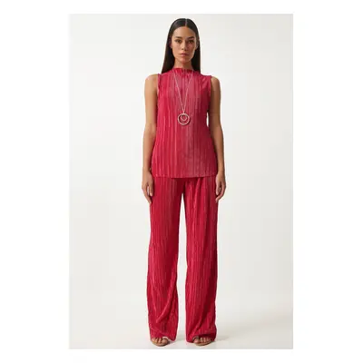 Happiness İstanbul Women's Dark Pink Pleated Sleeveless Knitted Blouse Palazzo Pants Set