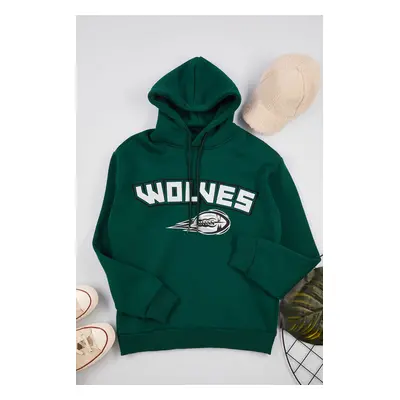 Trendyol Emerald Green Oversize/Wide Cut Hooded College Printed Sweatshirt