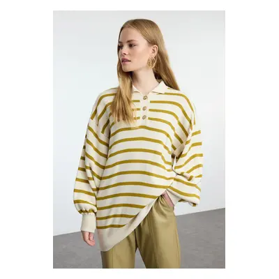 Trendyol Oil Green Striped Balloon Sleeve Polo Neck Knitted Sweater