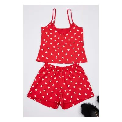 Trendyol Red 100% Cotton Heart Lace Detailed Rope Strap Knitted Pajama Set