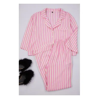 Trendyol Pink-Multicolored Striped Viscose Woven Pajama Set