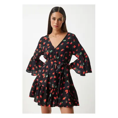 Happiness İstanbul Women's Red Black Patterned Summer Viscose Flared Dress