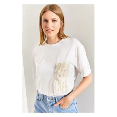 Bianco Lucci Women's Pocket Tassel Patterned Combed Cotton Tshirt