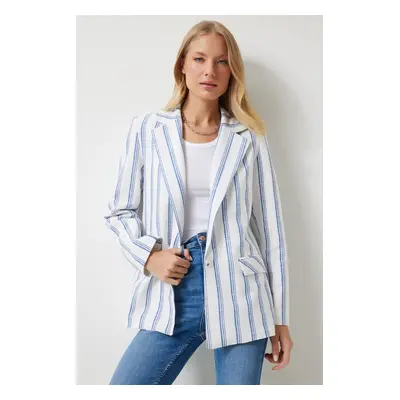 Happiness İstanbul Women's Ecru Blue Striped Padded Linen Blend Blazer Jacket