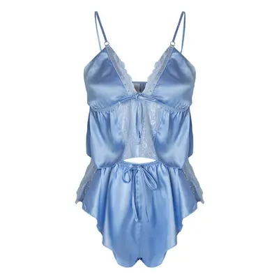 Trendyol Blue Satin Stone, Ribbon/Bow Detailed Uncovered Lingerie Set