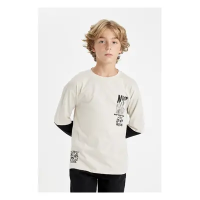 DEFACTO Boy's Crew Neck Text Printed Long Sleeve T-Shirt