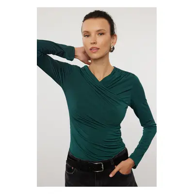 Trendyol Emerald Green Drape Detailed Fitted Long Sleeve Stretchy Knitted Blouse