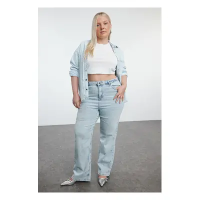 Trendyol Curve Light Blue High Waist Star Printed Straight Fit Plus Size Jeans