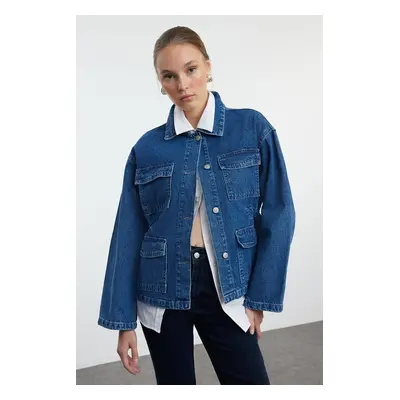 Trendyol Blue Pocket Detailed Oversize Denim Jacket