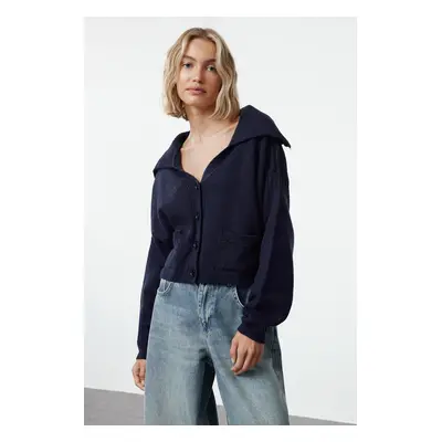 Trendyol Navy Blue Crop Wide Pattern Soft Texture Turn-down Collar Knitwear Cardigan