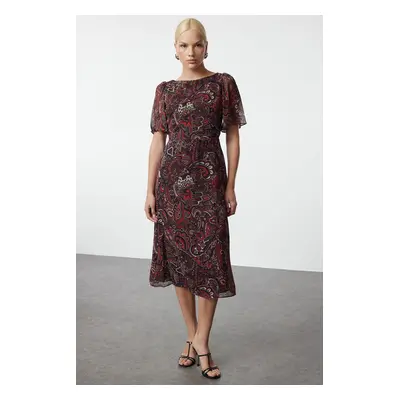 Trendyol Red Animal Patterned A-Line Angel Sleeve Lined Chiffon Midi Woven Dress