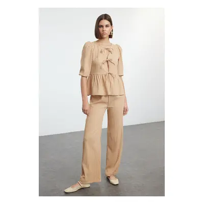 Trendyol Camel Textured Fabric Lacing Detailed Balloon Sleeve Woven Blouse-Pants Set