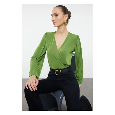 Trendyol Flexible Knitted Bodysuit with Green Shiny Surface and Soft Textured Padded Double Brea