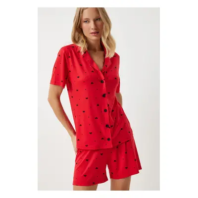 Happiness İstanbul Women's Red Heart Viscose Shorts Shirt Pajama Set