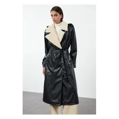 Trendyol Black Oversize Plush Collar Detailed Faux Leather Trench Coat