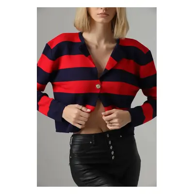 74390 Dewberry Crew Neck Striped Crop Cardigan-RED-NAVY