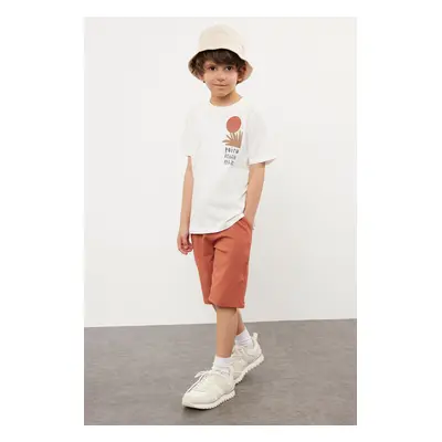 Trendyol White Boy's Back Printed Short Sleeve T-shirt Shorts Set Cotton Knitted Bottom-Top Set