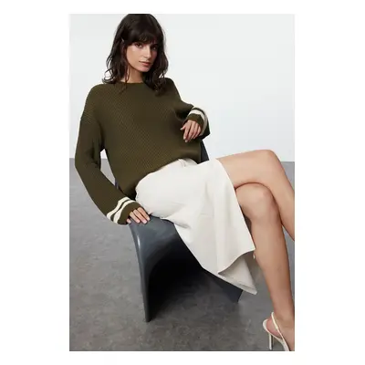 Trendyol Khaki Crop Striped Knitwear Sweater