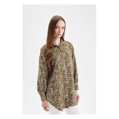 DEFACTO Regular Fit Shirt Collar Leopard Print Long Sleeve Shirt Tunic