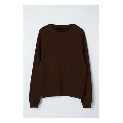 Trendyol Dark Brown Premium Crew Neck Oversize/Wide Cut Text Diagonal Sweatshirt