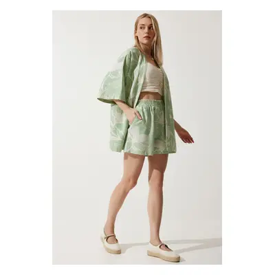 Happiness İstanbul Women's Green Tropical Patterned Summer Raw Linen Kimono Shorts