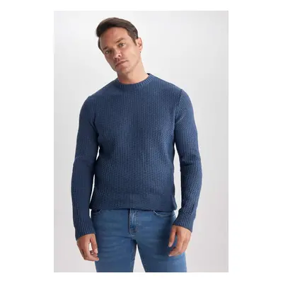 DEFACTO Navy Blue Standard Fit Regular Cut Crew Neck Textured Basic Plain Knitwear Sweater