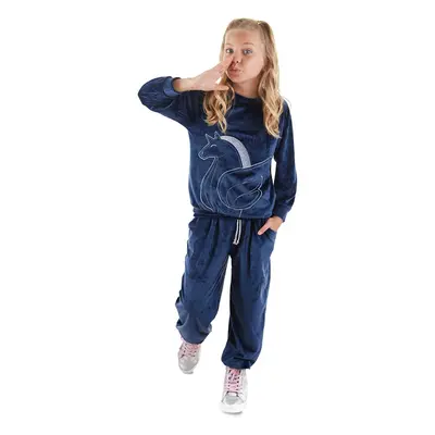 Denokids Navy Blue Velvet Unicorn Girl's Tracksuit Set