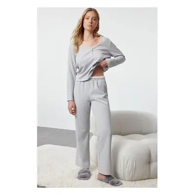 Trendyol Grey Melange Elastic Detailed Ribbed Knitted Pajama Set