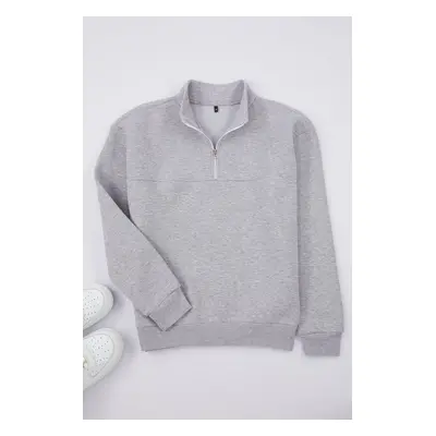 Trendyol Grey Melange Oversize/Wide Stand Collar Zippered Inside Polar Fleece/Warm Basic Sweatsh