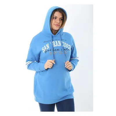 Şans Women's Plus Size Blue Inner Raising Three Thread Hooded Sweatshirt