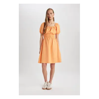 DEFACTO Square Neck Linen Short Sleeve Mini Dress