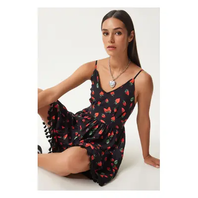 Happiness İstanbul Women's Red Black Patterned Strappy Summer Viscose Dress