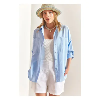 Bianco Lucci Women's Double Pocket Oversize Linen Shirt